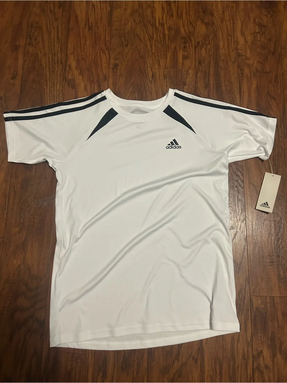 adidas Men’s White Short Sleeve Athletic Tee with Black Stripes